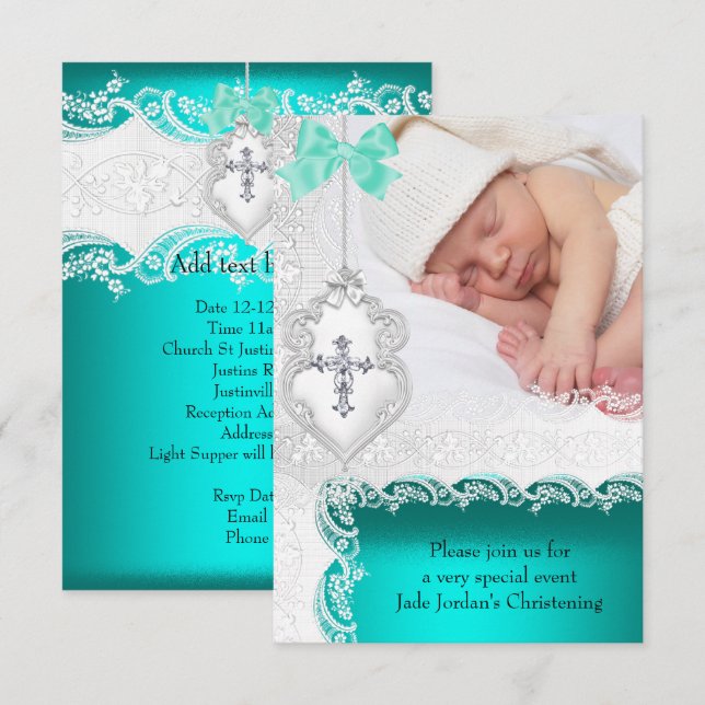 Girl eller Boy Baptism Jade Teal White Snöre Photo Inbjudningar (Fram/baksida)