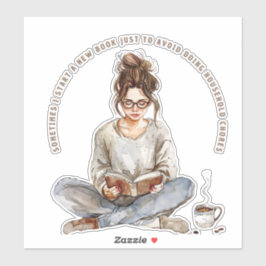 Girl Enjoeing a Bok with Coffee, Avoiding Klistermärken