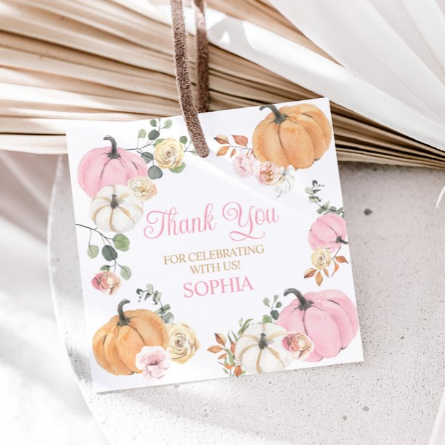 Girl Fall Pumpkin First Födelsedagsfest Square Gåvor Etiketter (Girl Fall Pumpkin One First Birthday Party Square Favor Tags)