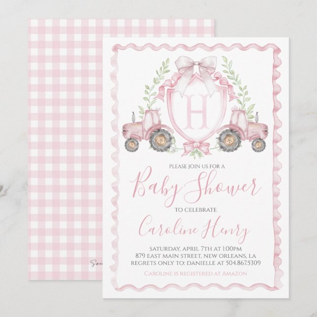 Girl Farm Baby Shower Gingham Rosa Inbjudningar (Fram/baksida)