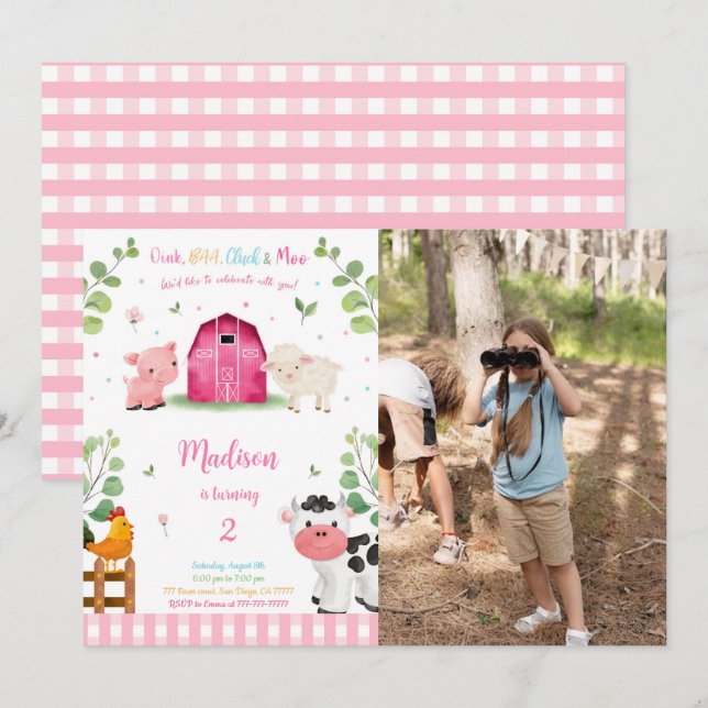 Girl Farm Birthday Photo Inbjudningar (Fram/baksida)