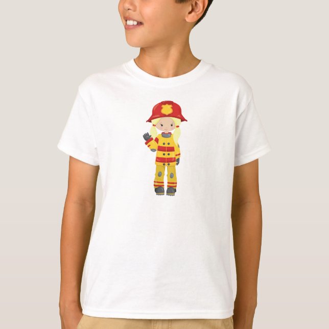 Girl Fireman, Female Firefighter, Blonde Hair T Shirt (Framsida)