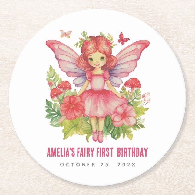 Girl First Birthday Cute Rosa Underlägg Papper Rund (Framsidan)