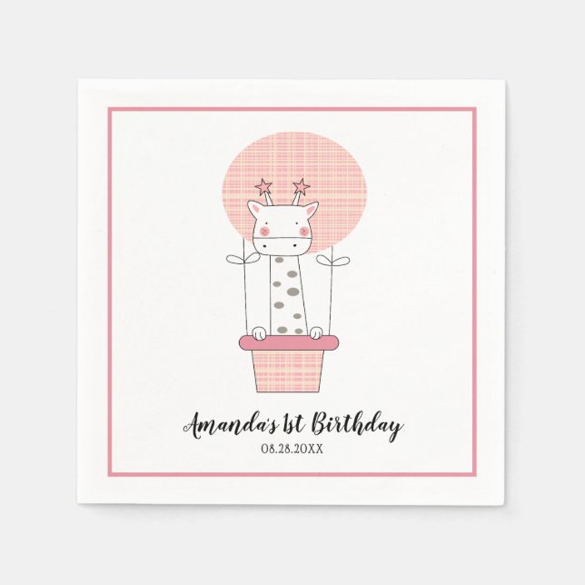 Girl First Birthday Giraffe Party Napkins Pappersservett (Framsidan)