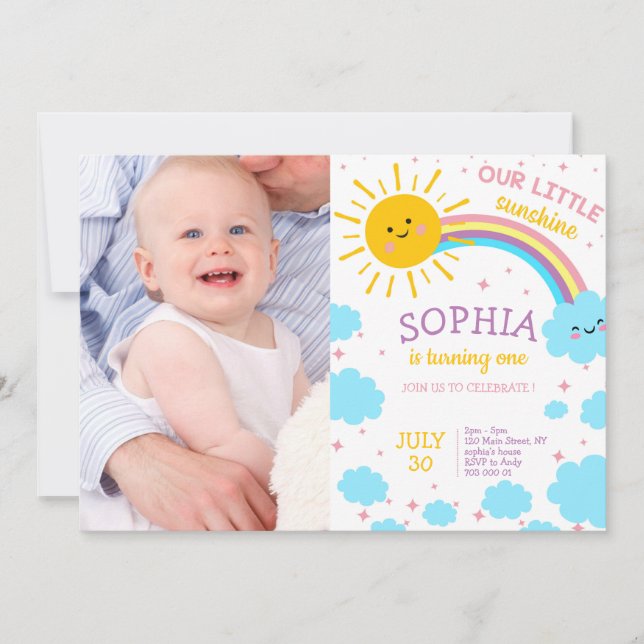 Girl First Birthday Photo Little Sunshine Bild Inbjudningar (Framsida)