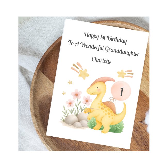 Girl First Birthday Pink Yellow Dinosaur Card Kort (Skapare uppladdad)