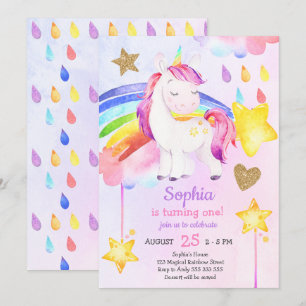 Girl First Birthday Unicorn Rainbow Watercolor Inbjudningar