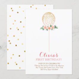 Girl First Birthday Watercolor Guld Balloon Inbjudningar