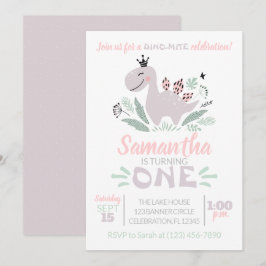 Girl First Birthday Watercolor Lila Dinosaur Inbjudningar