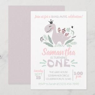 Girl First Birthday Watercolor Lila Dinosaur Inbjudningar