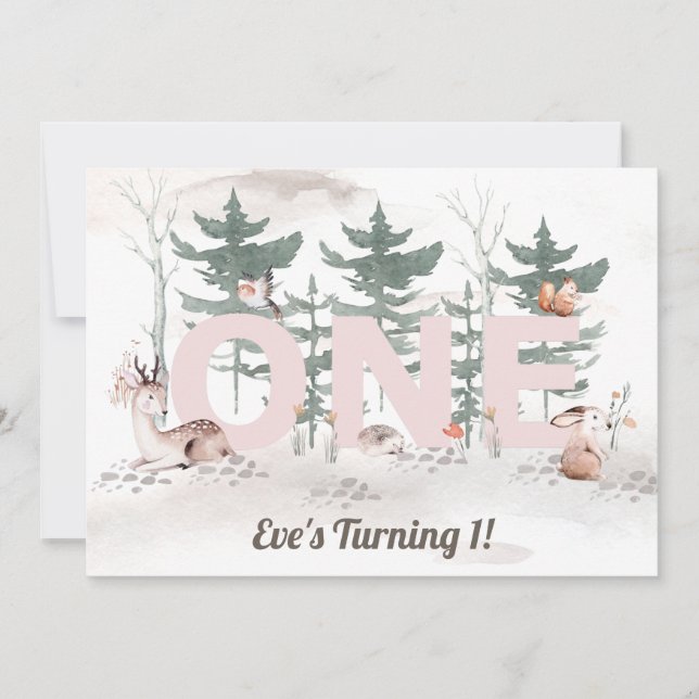 Girl First Birthday, Woodland Animals Rosa One Inbjudningar (Framsida)