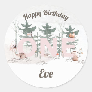 Girl First Birthday, Woodland Animals Rosa One Runt Klistermärke