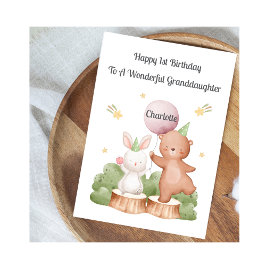 Girl First Birthday Woodland Rabbit Bear Card Kort