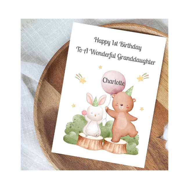 Girl First Birthday Woodland Rabbit Bear Card Kort (Skapare uppladdad)