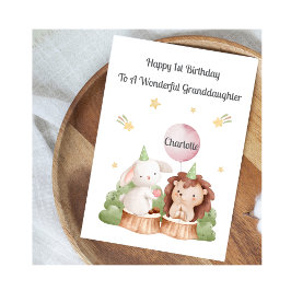 Girl First Birthday Woodland Rabbit Hedgehog Card Kort