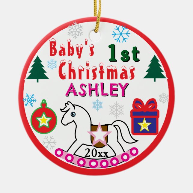 Girl First Christmas PHOTO White Horse  Julgransprydnad Keramik (Framsidan)