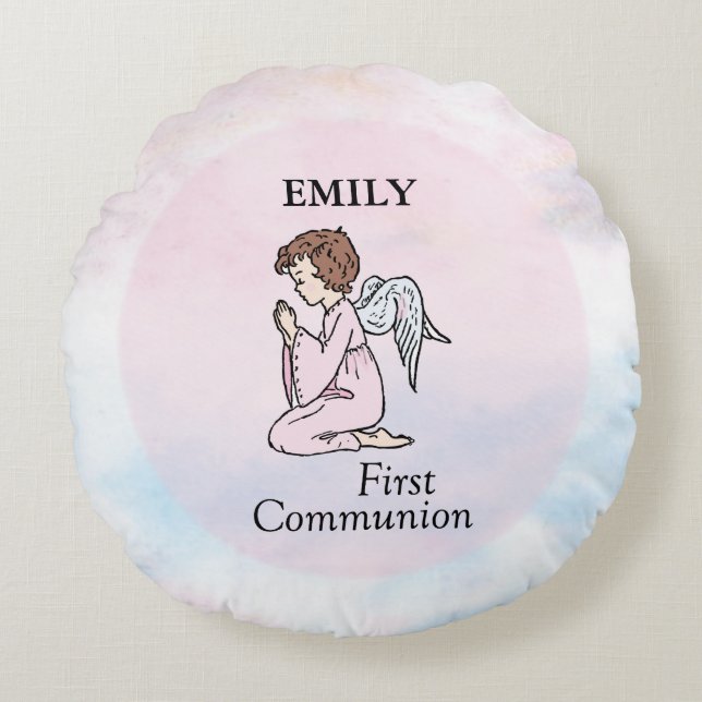 Girl, First Communion Angel Rund Kudde (Framsidan)
