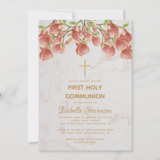 Girl First Communion Blommigt Rosa Magnolia Marble Inbjudningar (Framsida)