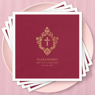 Girl First Communion Burgundy Elegant Guld Vapensk Pappersservett