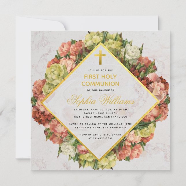 Girl First Communion Carnations Guld Kor Blommigt Inbjudningar (Framsida)