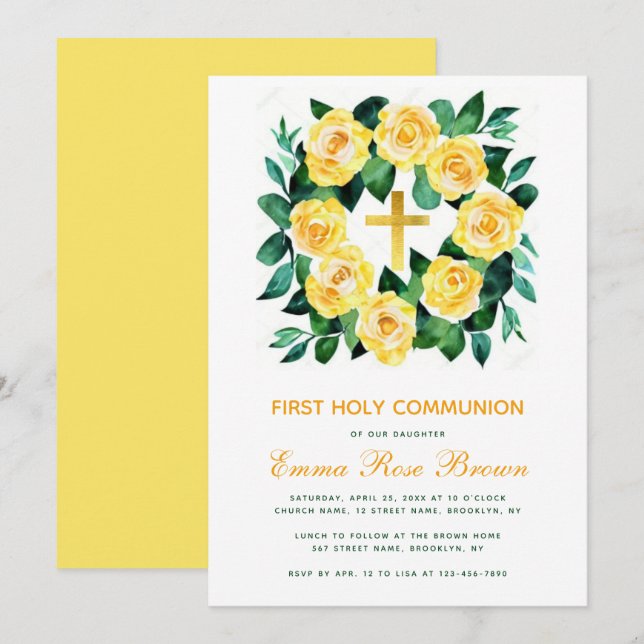 Girl First Communion Gul ros Wandeand Blommigt Inbjudningar (Fram/baksida)