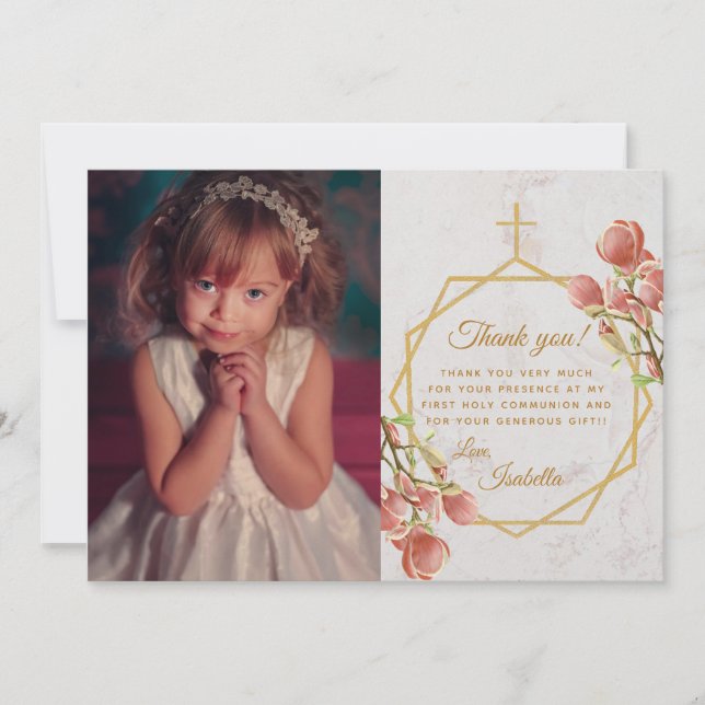 Girl First Communion Marble Guld Rosa Magnolia Tack Kort (Framsida)