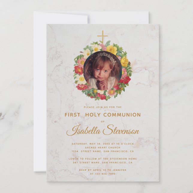 Girl First Communion Photo Ro Wandeble Marble Inbjudningar (Framsida)