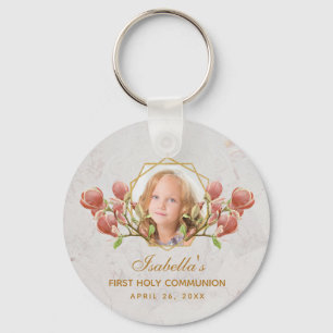 Girl First Communion Photo Rosa Magnolia Blommigt Nyckelring