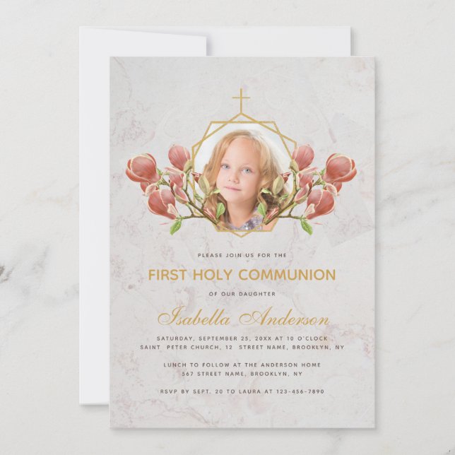 Girl First Communion Photo Rosa Magnolia Marble Inbjudningar (Framsida)