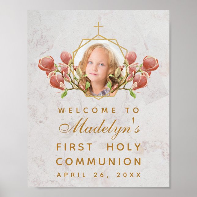 Girl First Communion Photo Rosa Magnolia Välkommen Poster (Framsidan)