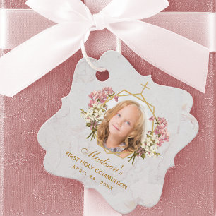 Girl First Communion Photo Rosa Orchid Guld Marble Gåvor Etiketter