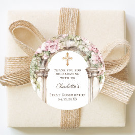 Girl First Communion Pink Florals Arch Cross Runt Klistermärke
