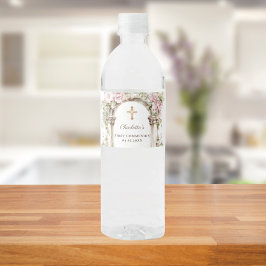 Girl First Communion Pink Florals Arch Cross Vattenflaskor Etikett