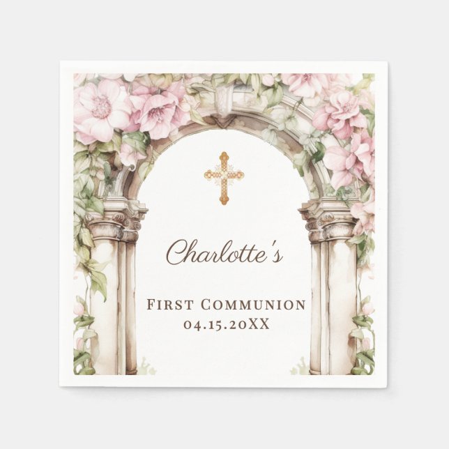 Girl First Communion Pink Florals Arch Gold Cross Pappersservett (Framsidan)
