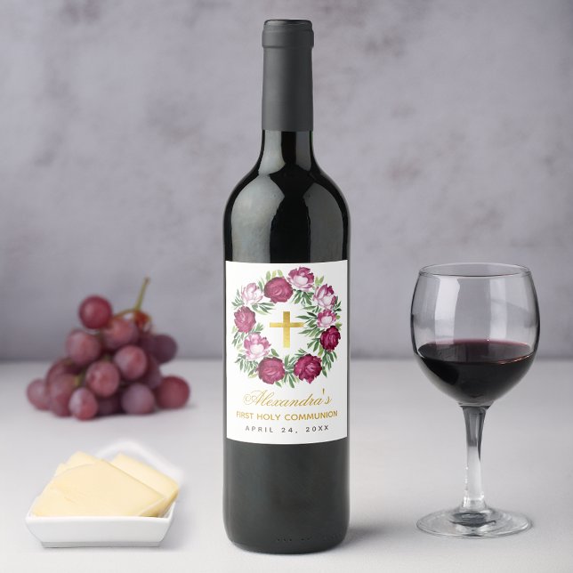 Girl First Communion Rosa Burgundy Blommigt Wandan Vinflaska Etikett (Skapare uppladdad)