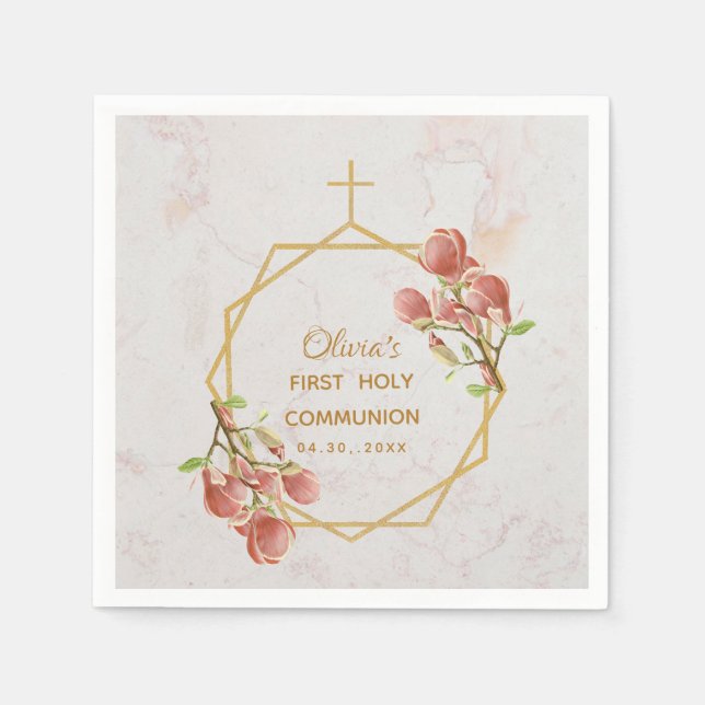 Girl First Communion Rosa Magnolia Guld Marble Pappersservett (Framsidan)