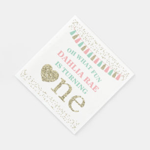 Girl First Födelsedagsfest Napkins Rosa Mint Guld Pappersservett
