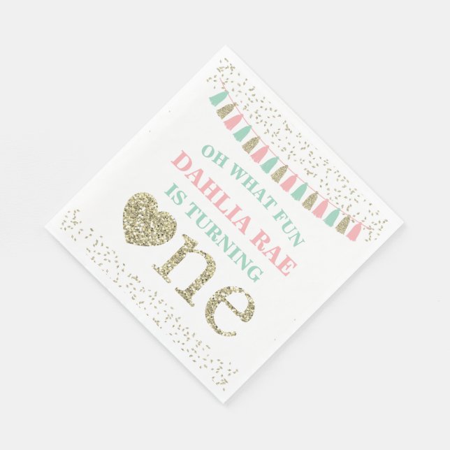 Girl First Födelsedagsfest Napkins Rosa Mint Guld Pappersservett (Hörn)