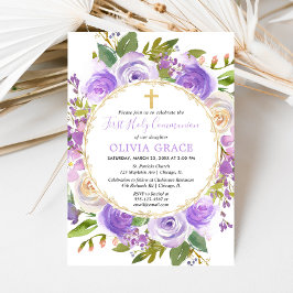 Girl First Heliga Communion Blommigt Lila lavender Inbjudningar