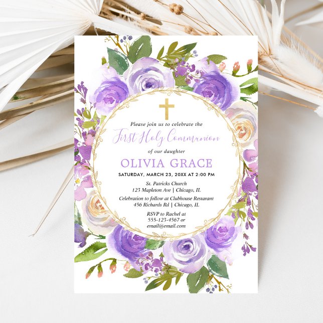 Girl First Heliga Communion Blommigt Lila lavender Inbjudningar (Skapare uppladdad)