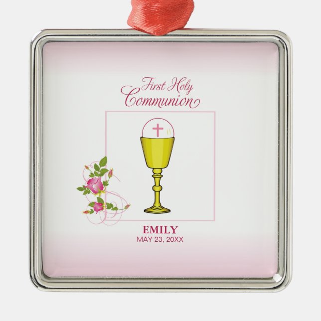 Girl First Heliga Communion, Chalice, Host, Ros Julgransprydnad Metall (Framsidan)