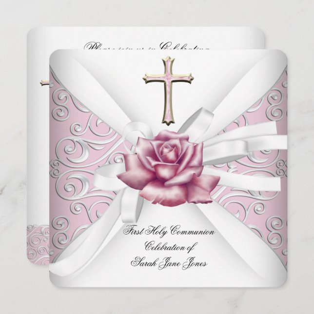 Girl First Heliga Communion Damask Rosa ros White  Inbjudningar (Fram/baksida)