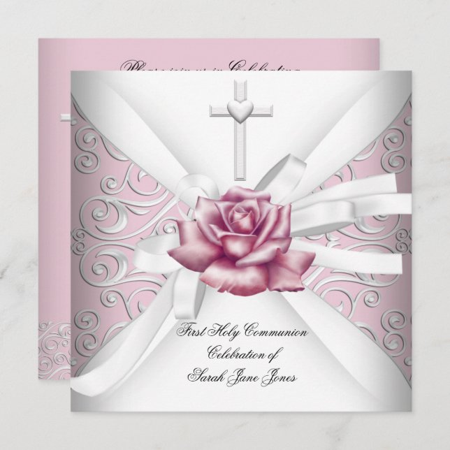 Girl First Heliga Communion Damask Rosa ros White Inbjudningar (Fram/baksida)