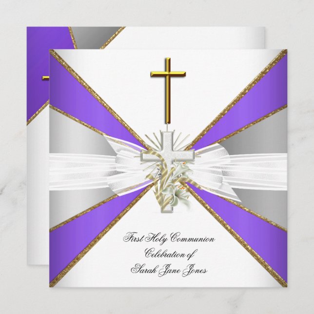 Girl First Heliga Communion Lila White Blommigt Inbjudningar (Fram/baksida)