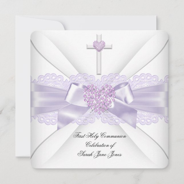 Girl First Heliga Communion Lilac Snöre Heart 2 Inbjudningar (Framsida)