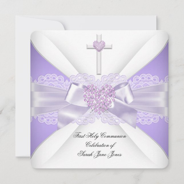 Girl First Heliga Communion Lilac Snöre Heart 3 Inbjudningar (Framsida)