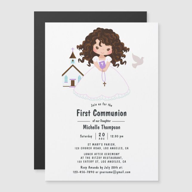 Girl First Heliga Communion Magnetisk Inbjudningskort (Fram/baksida)