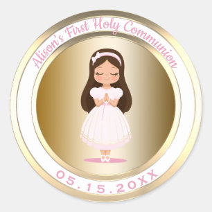 Girl First Heliga Communion Metallic Guld and Rosa Runt Klistermärke