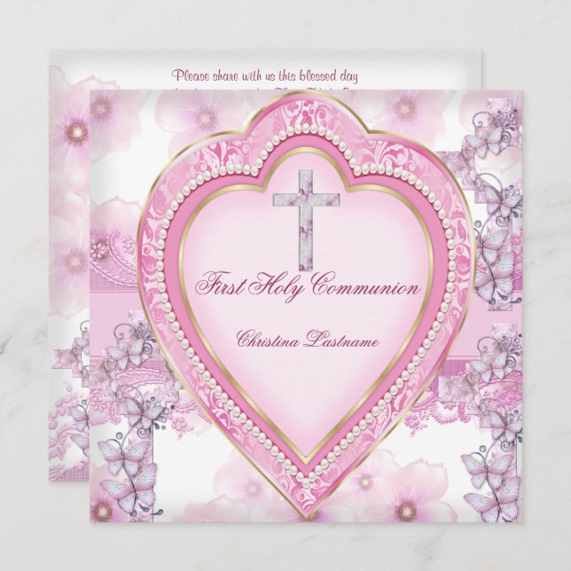 Girl First Heliga Communion Rosa Heart Inbjudningar (Fram/baksida)