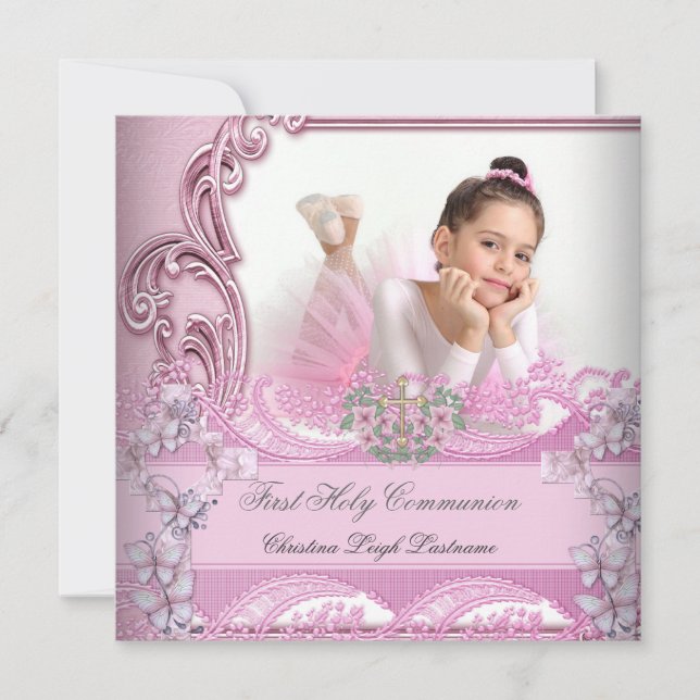 Girl First Heliga Communion Rosa Photo Butterfly Inbjudningar (Framsida)